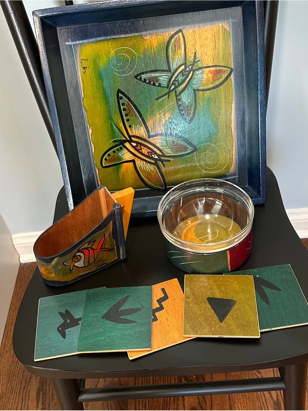 Vintage Kakadu Hand-Painted Tray, Bowl, and Coaster Set
